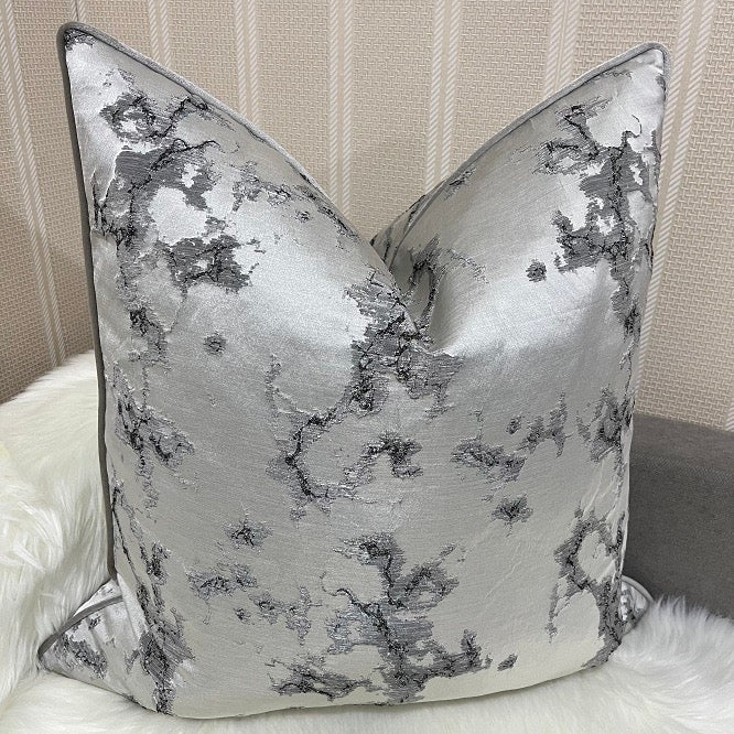 Silver Marble Effect Designer Feather-Filled Cushion