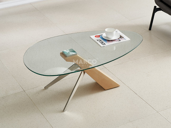 Arco Glass Coffee Table with Ash Wood Base and 12mm Tempered Glass Top