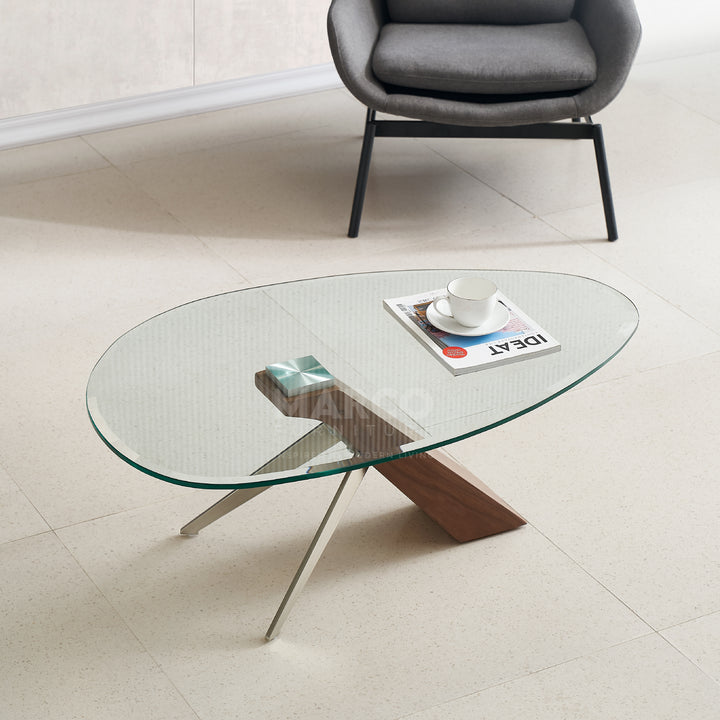 Arco Glass Coffee Table in Walnut Color with 12mm Tempered Glass Top