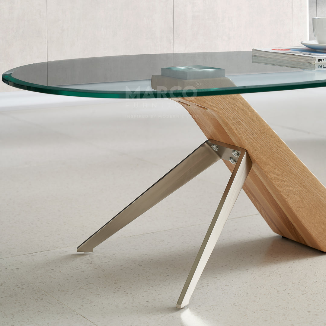 Arco Glass Coffee Table with Ash Wood Base and 12mm Tempered Glass Top