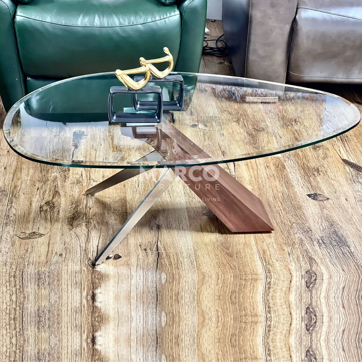 Arco Glass Coffee Table in Walnut Color with 12mm Tempered Glass Top