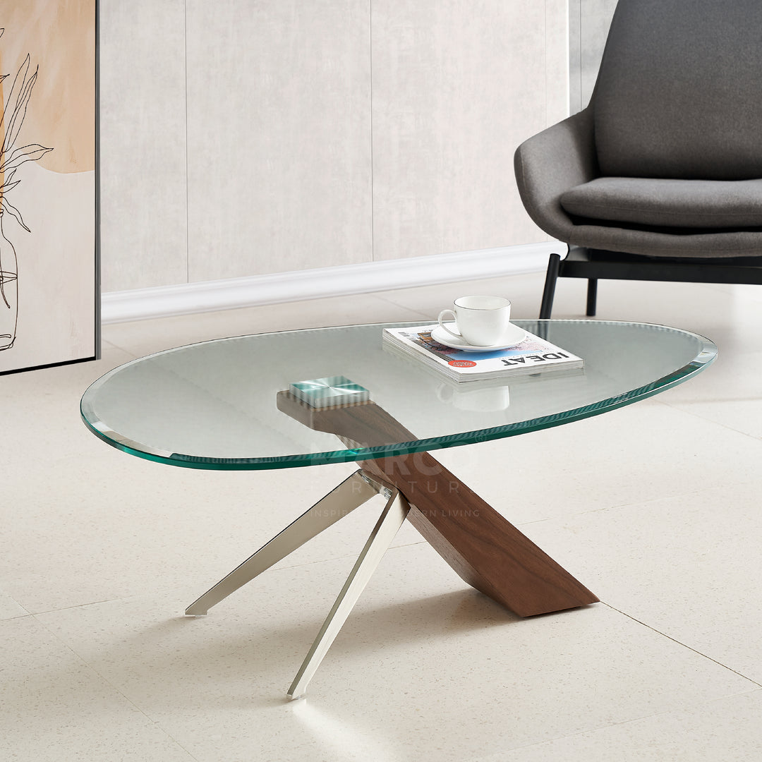 Arco Glass Coffee Table in Walnut Color with 12mm Tempered Glass Top