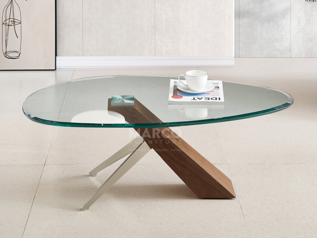 Arco Glass Coffee Table in Walnut Color with 12mm Tempered Glass Top