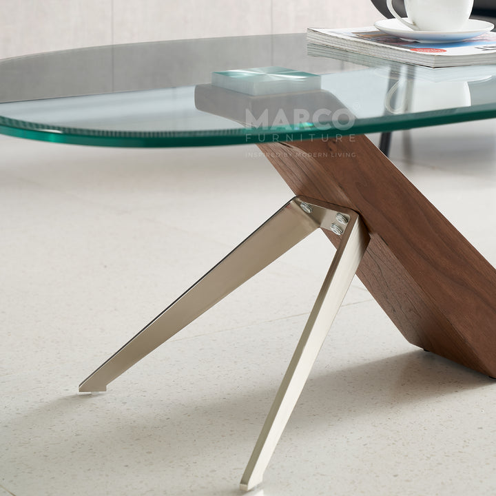 Arco Glass Coffee Table in Walnut Color with 12mm Tempered Glass Top