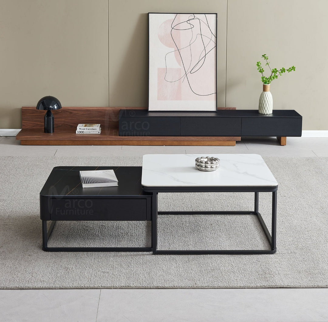 Casper Square Nested Stone Top Coffee Table in Black & White