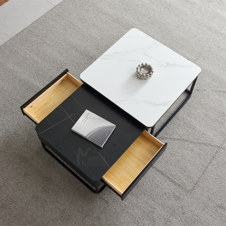 Casper Square Nested Stone Top Coffee Table in Black & White