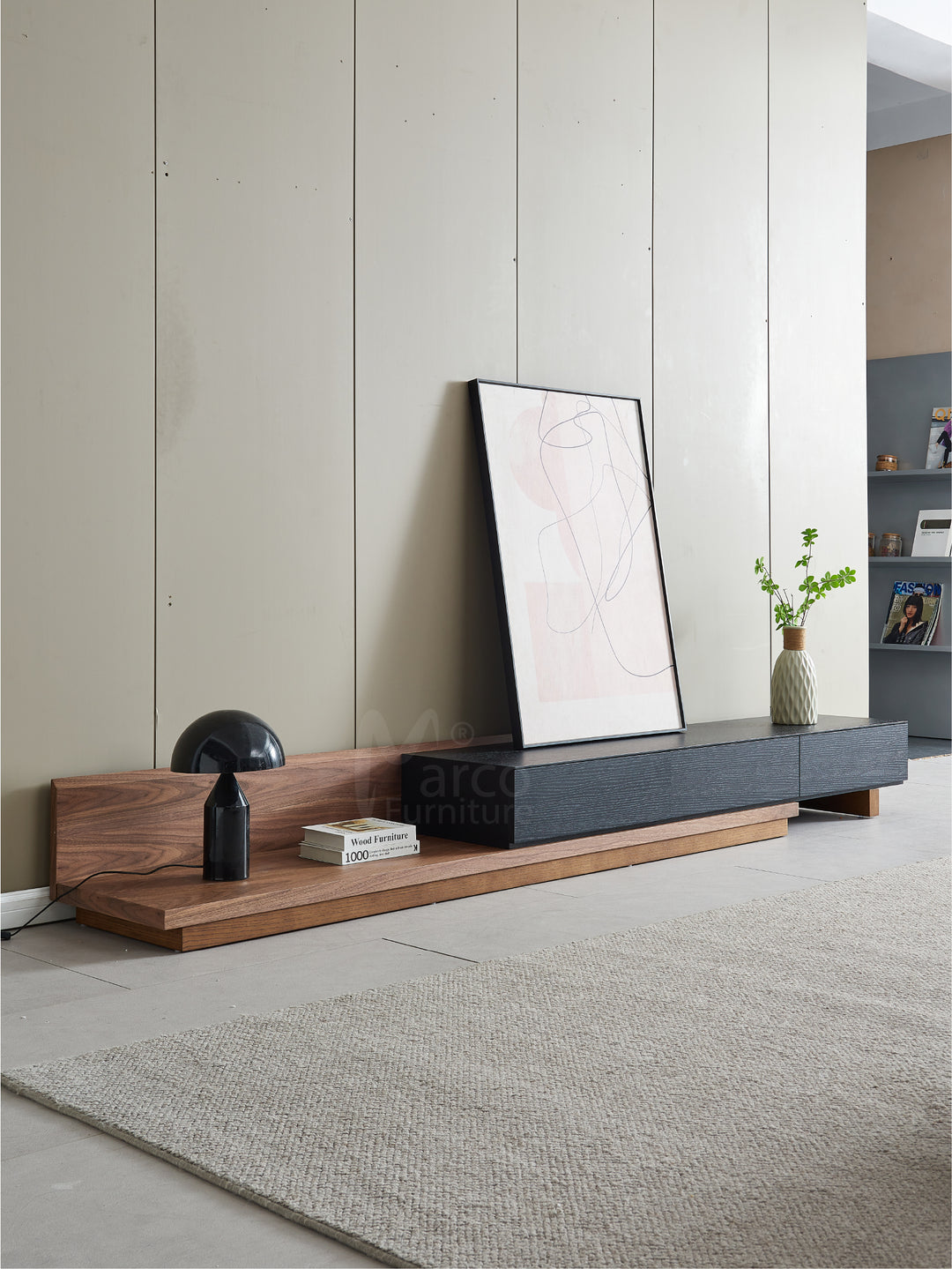 Casper Extendable Modern TV Stand with Three Solid Wood Drawers