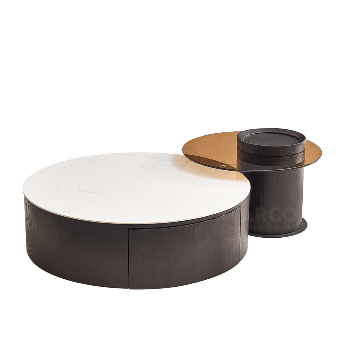 Bahamas Round Ceramic Coffee Table with 2 Drawer & Glass Top Side Table (Set of 2)