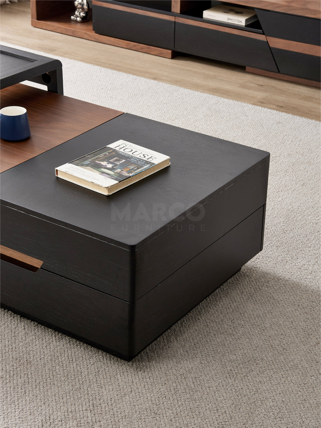 London Modern Coffee Table in Walnut and Black with Storage