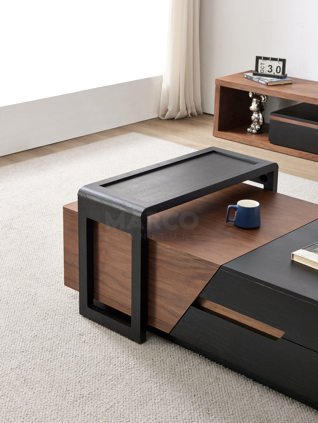 London Modern Coffee Table in Walnut and Black with Storage