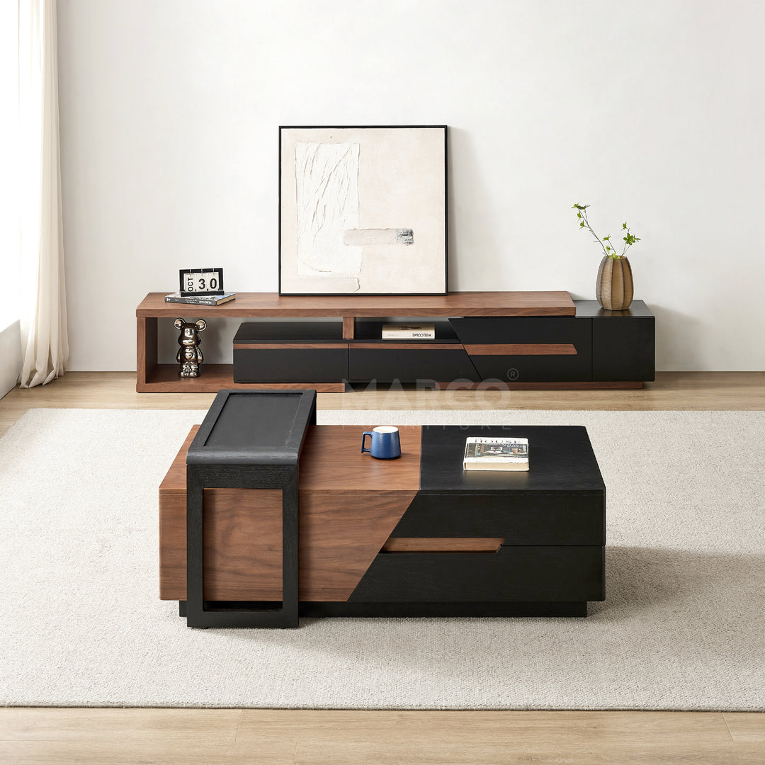 London Extendable TV Unit With Storage in Walnut and Black