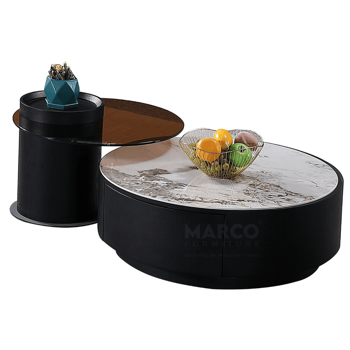 Bahamas Round Ceramic Coffee Table with 2 Drawer & Glass Top Side Table (Set of 2)