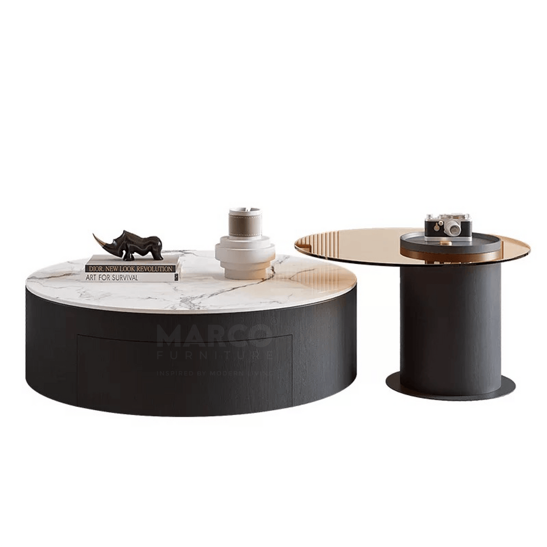 Bahamas Round Ceramic Coffee Table with 2 Drawer & Glass Top Side Table (Set of 2)