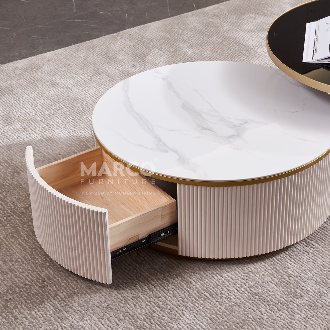 Austin Round Coffee Table Set in Matte Finish with Golden Metal Legs, Ceramic Top, and Soft-Close Wood Drawers