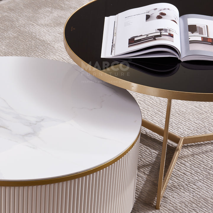 Austin Round Coffee Table Set in Matte Finish with Golden Metal Legs, Ceramic Top, and Soft-Close Wood Drawers