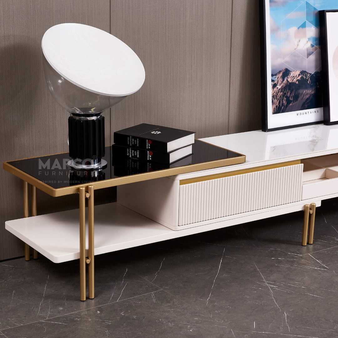 Austin Extendable TV Stand with Steel Gold Base, Sintered Stone Top, and Tempered Glass