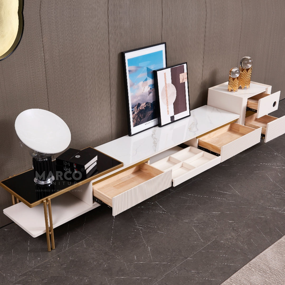 Austin Extendable TV Stand with Steel Gold Base, Sintered Stone Top, and Tempered Glass