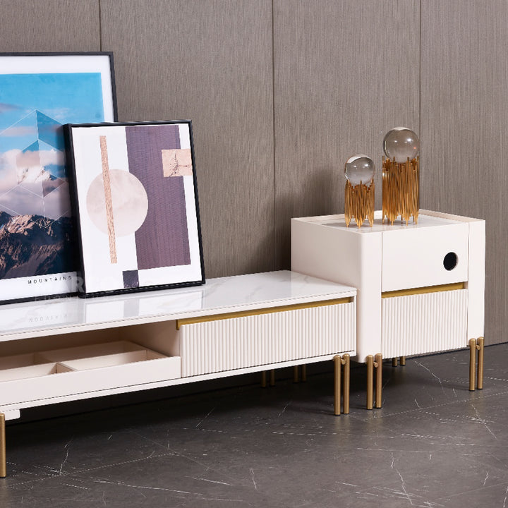 Austin Extendable TV Stand with Steel Gold Base, Sintered Stone Top, and Tempered Glass