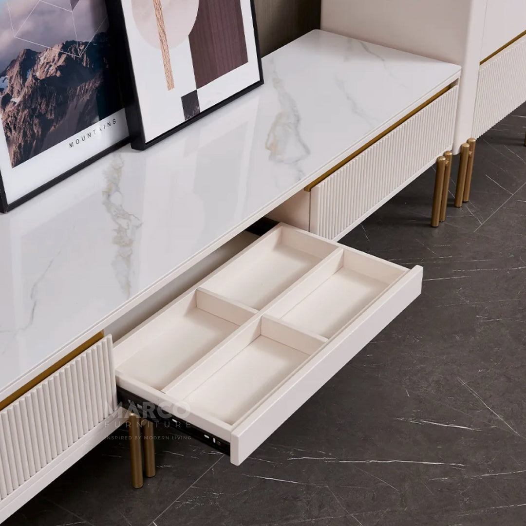 Austin Extendable TV Stand with Steel Gold Base, Sintered Stone Top, and Tempered Glass