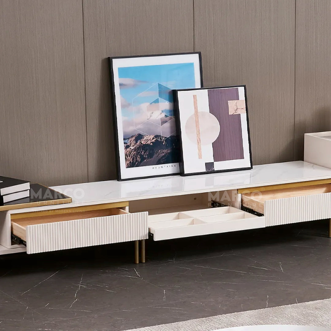 Austin Extendable TV Stand with Steel Gold Base, Sintered Stone Top, and Tempered Glass