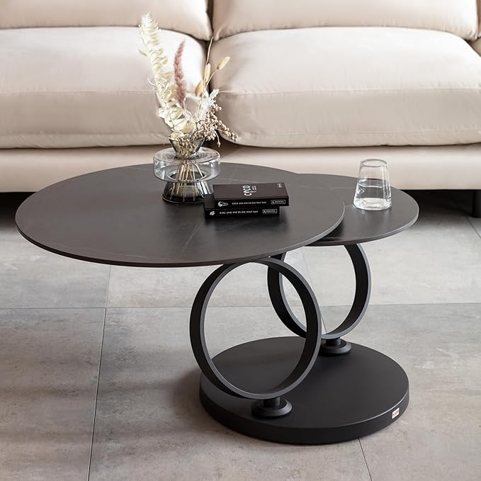 Avalanche Black Extendable Ring-Shaped Swivel Round Coffee Table with Carbon Steel Base