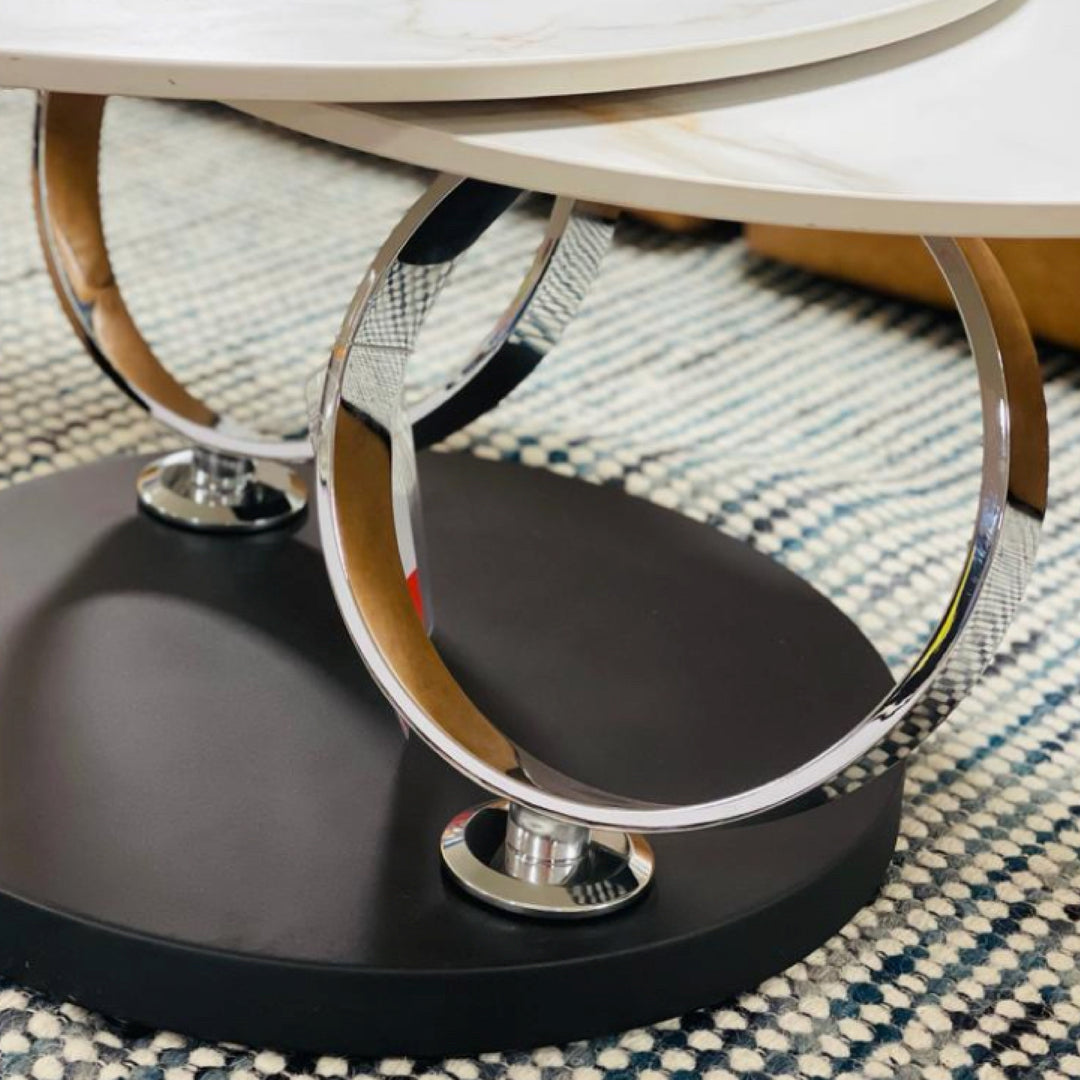 Avalanche White Extendable Ring-Shaped Round Swivel Coffee Table with Carbon Steel Base