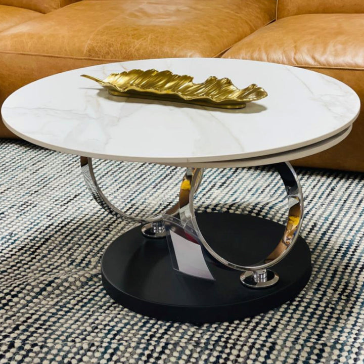 Avalanche White Extendable Ring-Shaped Round Swivel Coffee Table with Carbon Steel Base