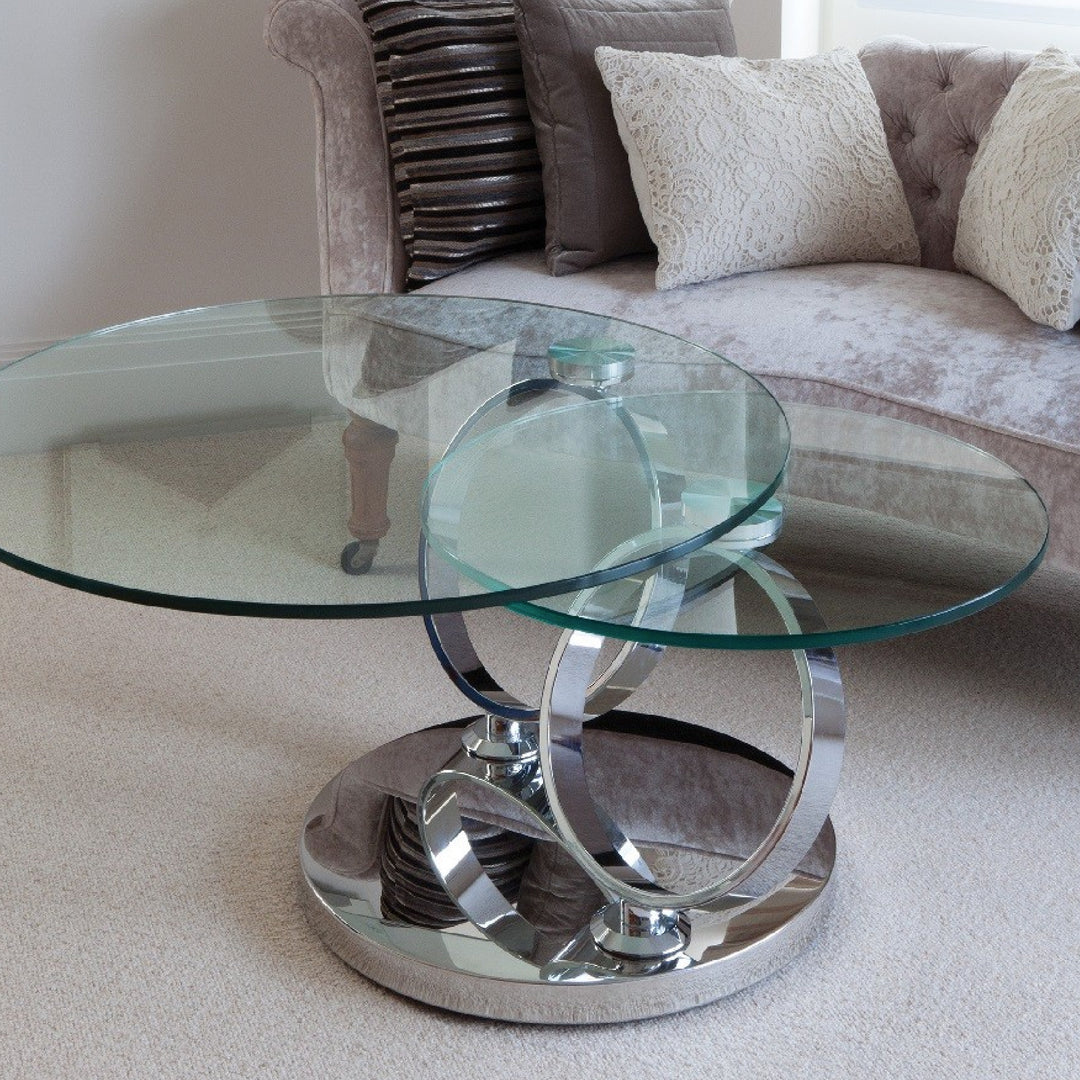 Avalanche Swivel Glass Coffee Table with Tempered Glass Top and Stainless Steel Base