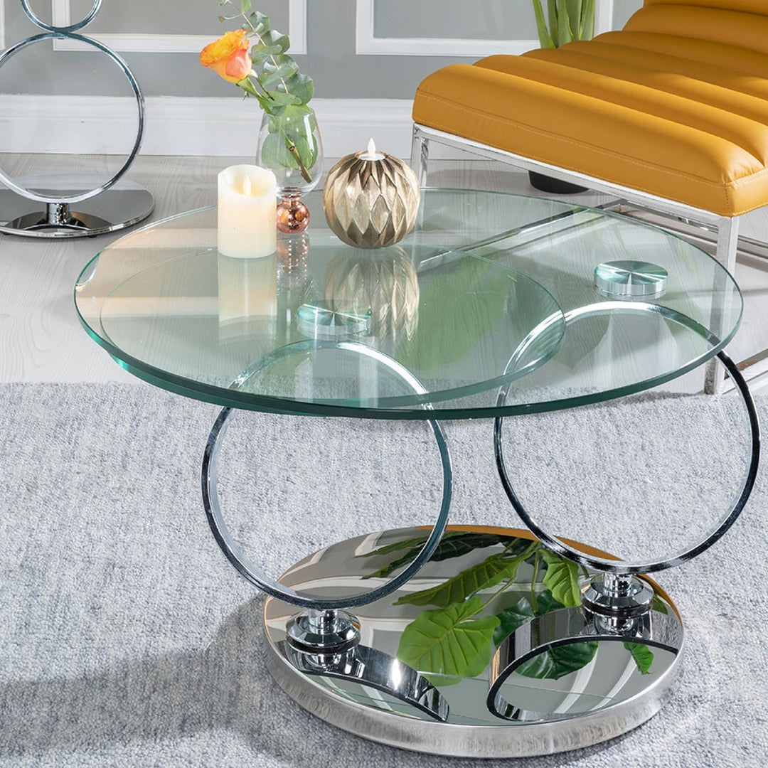 Avalanche Swivel Glass Coffee Table with Tempered Glass Top and Stainless Steel Base