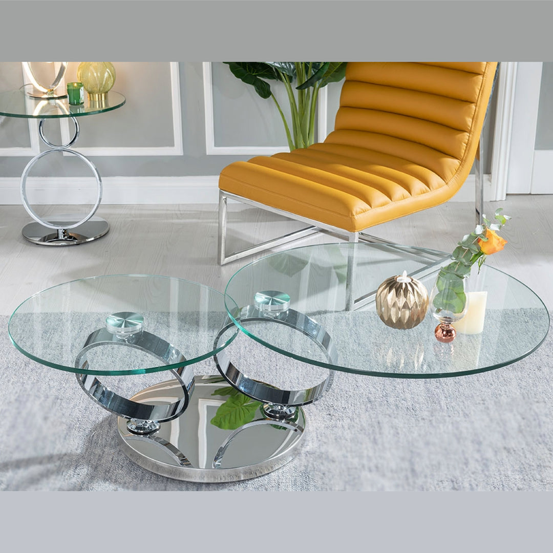 Avalanche Swivel Glass Coffee Table with Tempered Glass Top and Stainless Steel Base