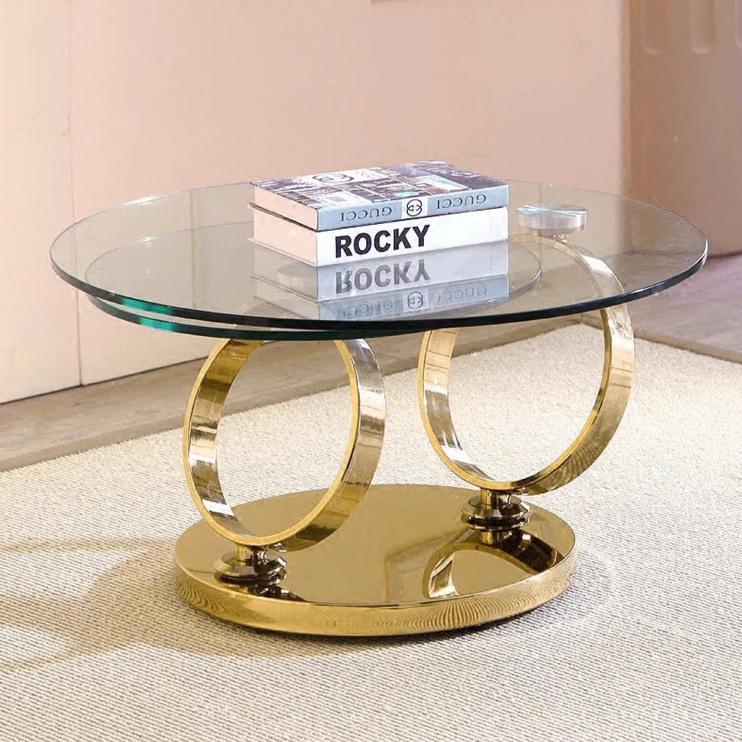 Avalanche Glass Swivel Coffee Table Glass Top and Stainless Steel Gold Base