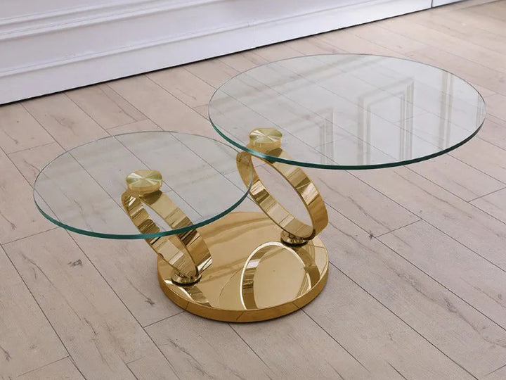 Avalanche Glass Swivel Coffee Table Glass Top and Stainless Steel Gold Base