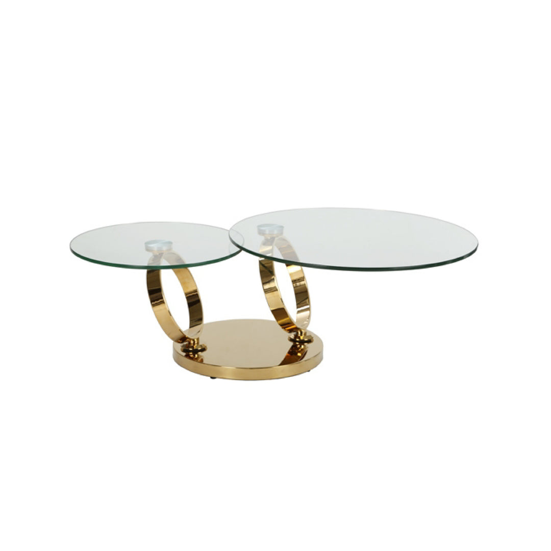 Avalanche Glass Swivel Coffee Table Glass Top and Stainless Steel Gold Base