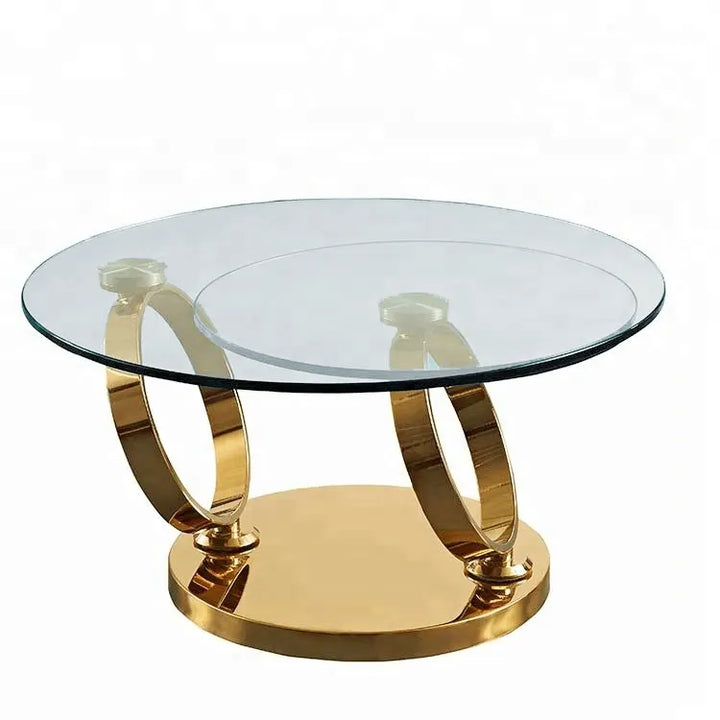 Avalanche Glass Swivel Coffee Table Glass Top and Stainless Steel Gold Base