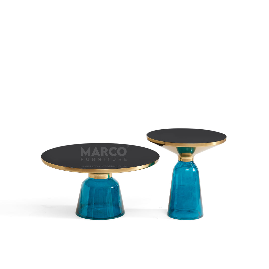 Bell Round Glass Coffee Table BLUE with Hand-blown glass base (Set of 2)