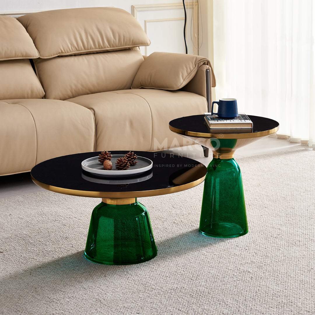 Bell Round Glass Coffee Table GREEN with Hand-blown glass base (Single Table 75 cm)