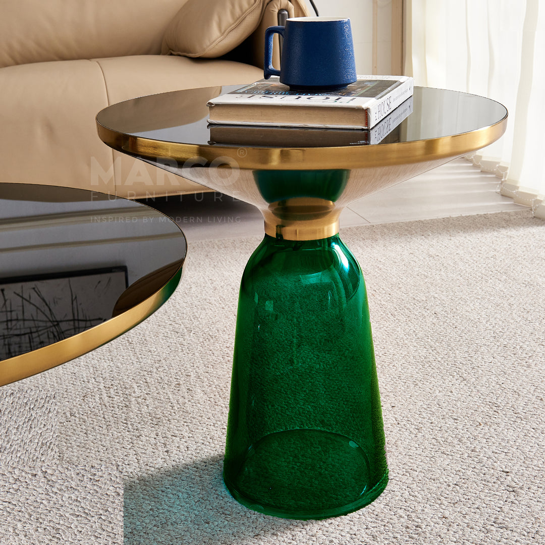 Bell Round Glass Coffee Table GREEN with Hand-blown glass base (Single Table 75 cm)