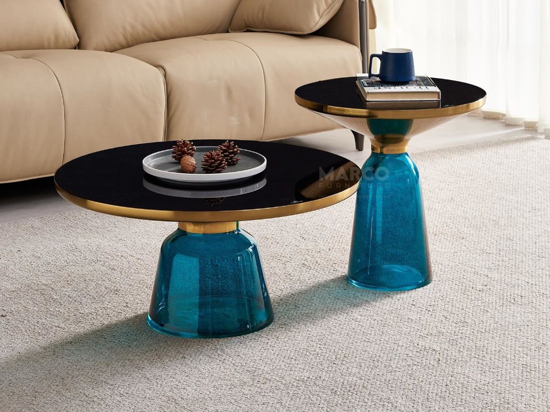 Bell Round Glass Coffee Table BLUE with Hand-blown glass base (Set of 2)