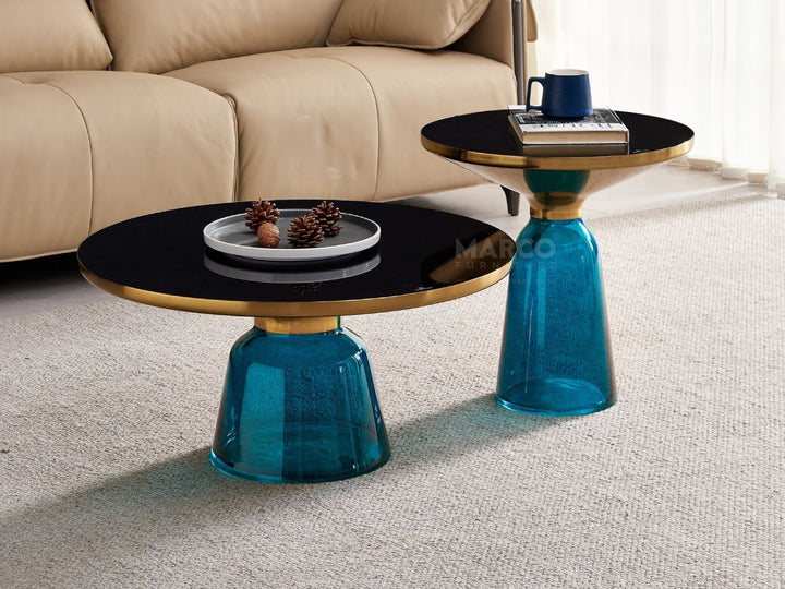 Bell Round Glass Coffee Table BLUE with Hand-blown glass base (Set of 2)