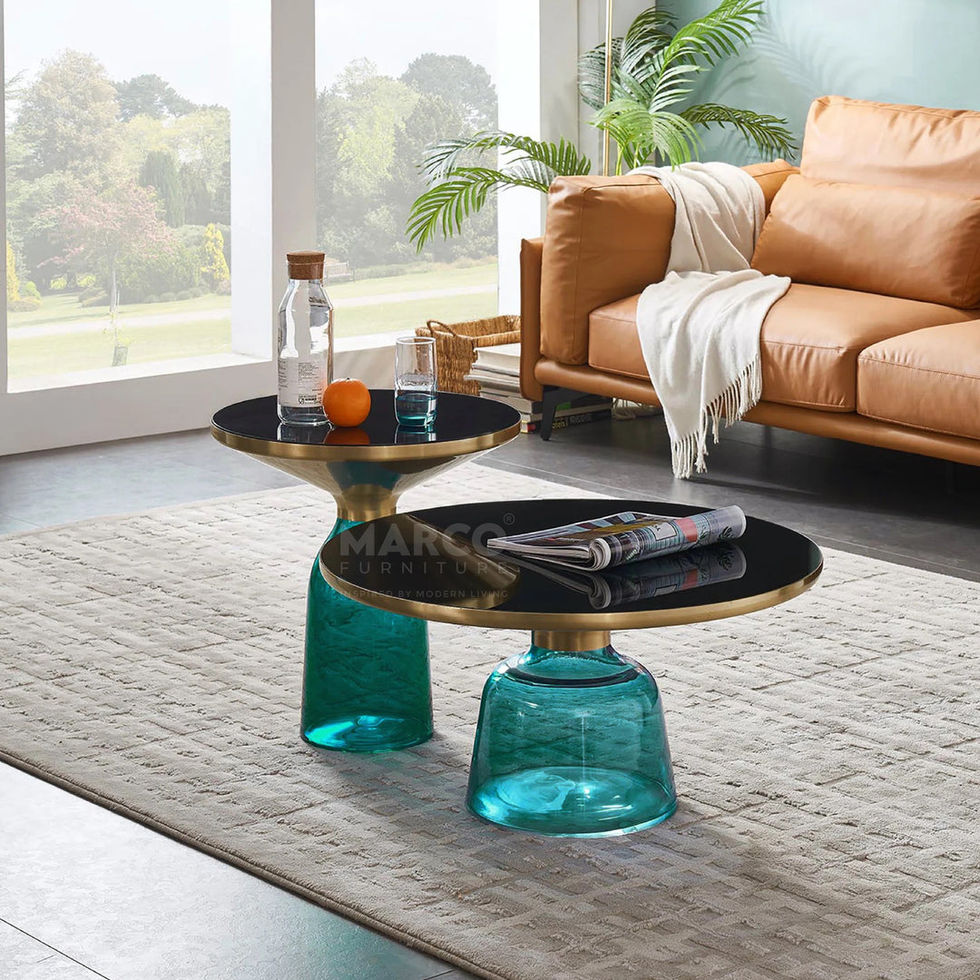 Bell Round Glass Coffee Table BLUE with Hand-blown glass base (Set of 2)