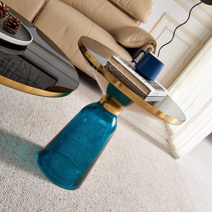 Bell Round Glass Coffee Table BLUE with Hand-blown glass base (Set of 2)