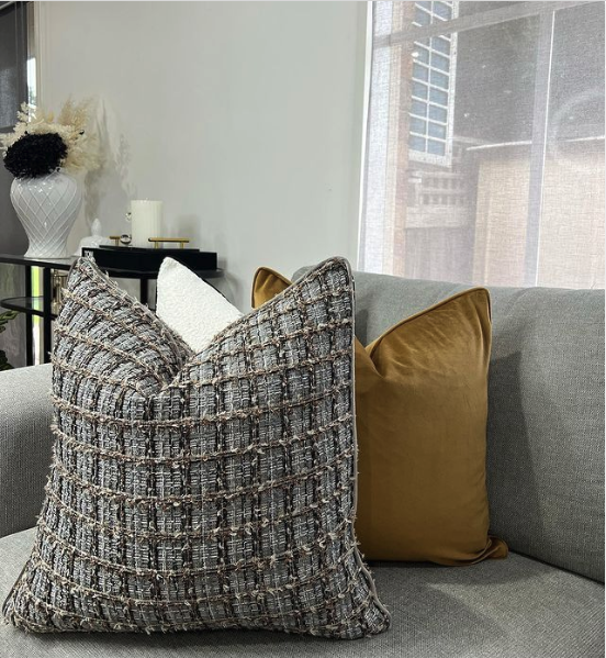 Black & Beige Woven Designer Feather-Filled Cushion