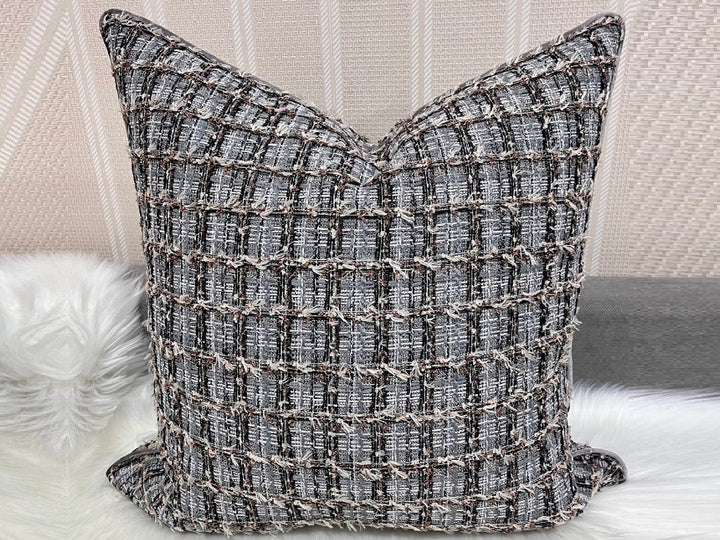 Black & Beige Woven Designer Feather-Filled Cushion