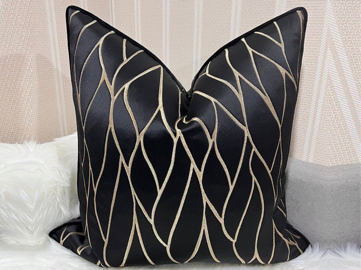 Black & Gold Geometric Pattern Feather-Filled Cushion