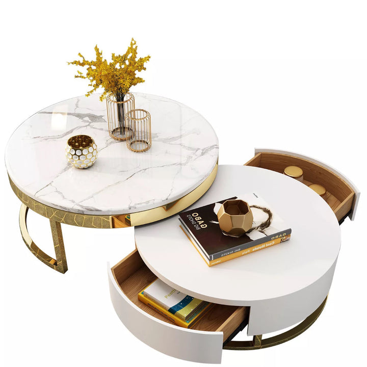 Bulgaria Marble Round Nesting Coffee Table with Gold Steel Base (Set of 2)