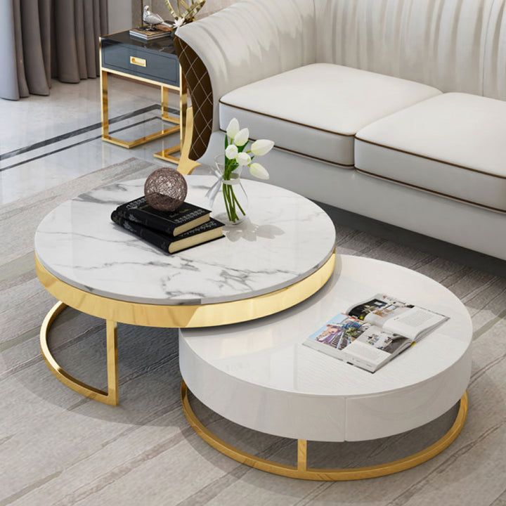 Bulgaria Marble Round Nesting Coffee Table with Gold Steel Base (Set of 2)