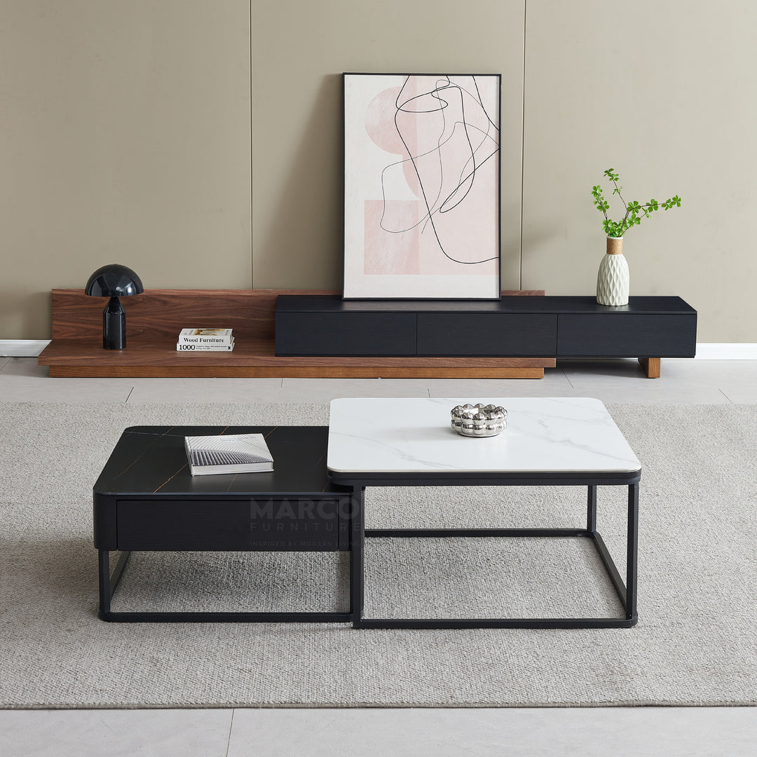 Casper Square Nested Stone Top Coffee Table in Black & White