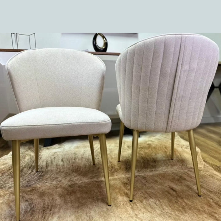 Chanel Designer Dining Chair with Luxurious Upholstery Fabric and Steel Gold Legs