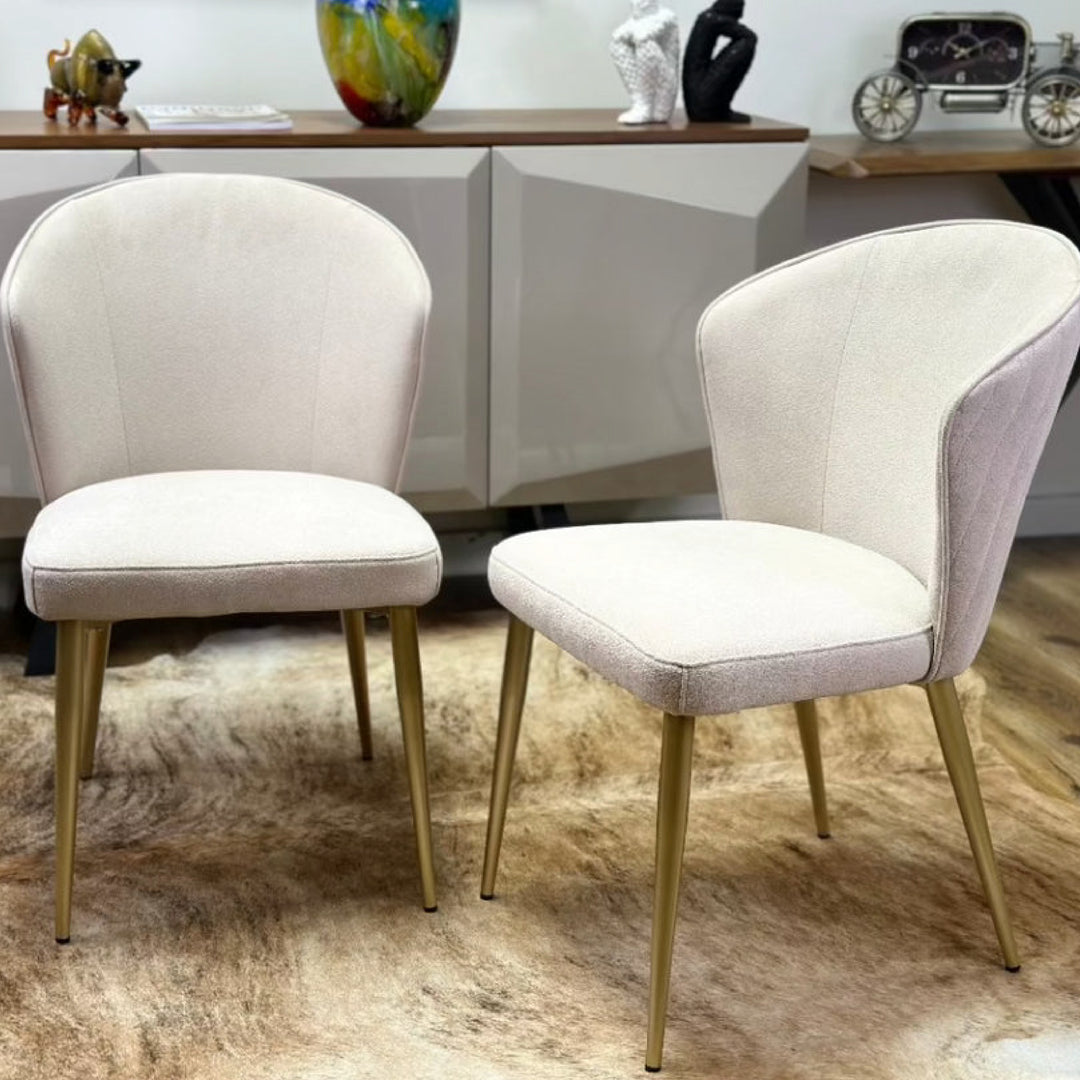 Chanel Designer Dining Chair with Luxurious Upholstery Fabric and Steel Gold Legs