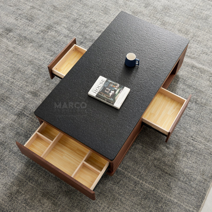 Coco Coffee Table with Black Burnt Stone Top and Storage